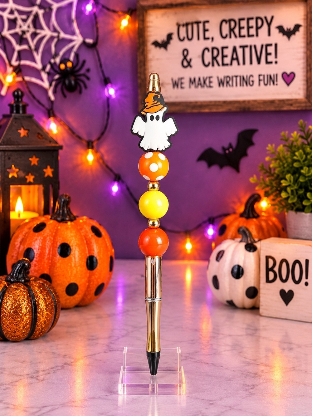 Halloween Ghost Bead Pen - Orange & Yellow Decorative Ballpoint